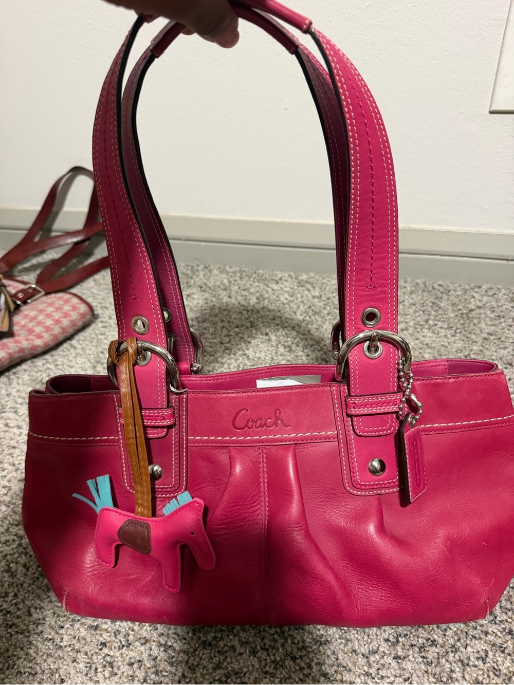 Coach Pink Leather Tote Shoulder Bag with Charm